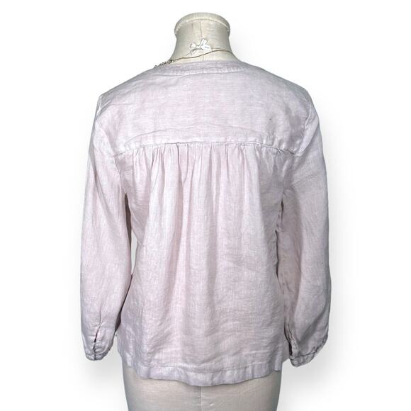 H HALSTON 100% Linen Split Neck Blouse Blush Pink Top Long Sleeve Soft Medium - Picture 4 of 9